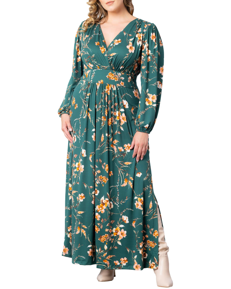 Front of a model wearing a size 0X Kelsey Long Sleeve Maxi Dress in GREEN GARDEN by Kiyonna. | dia_product_style_image_id:313623